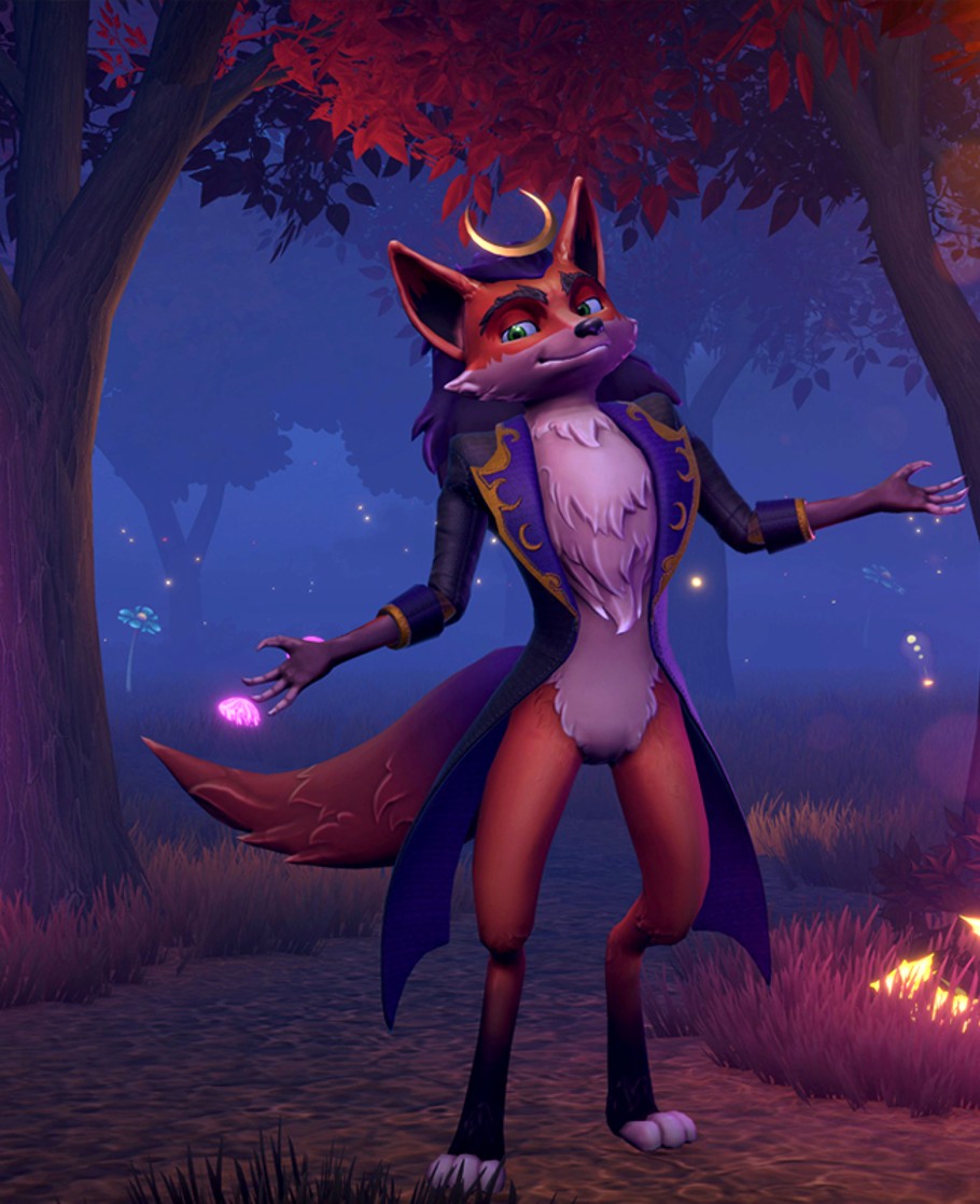 TellTail, a fox-like creature standing upright, wearing coattails and hat 